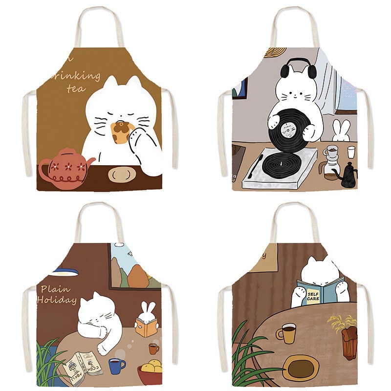 Home Cooking Cafe - Delantal con estampado de gato blanco,